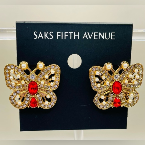 Saks Fifth Avenue Gold and Red Butterfly Earrings - Picture 2 of 5